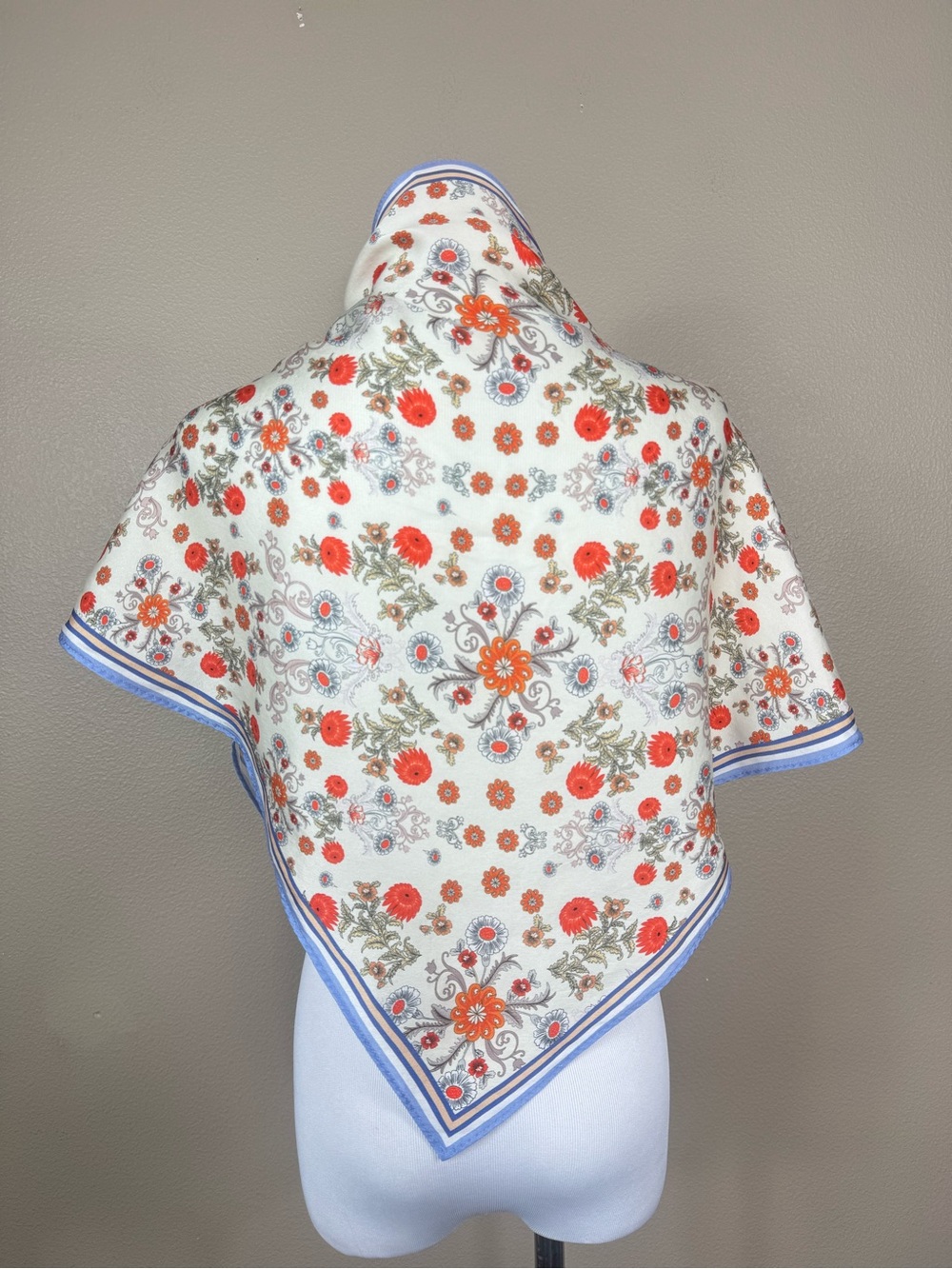 La Seine 100% Silk Triangle Floral Scarf in Blue white made in Italy
